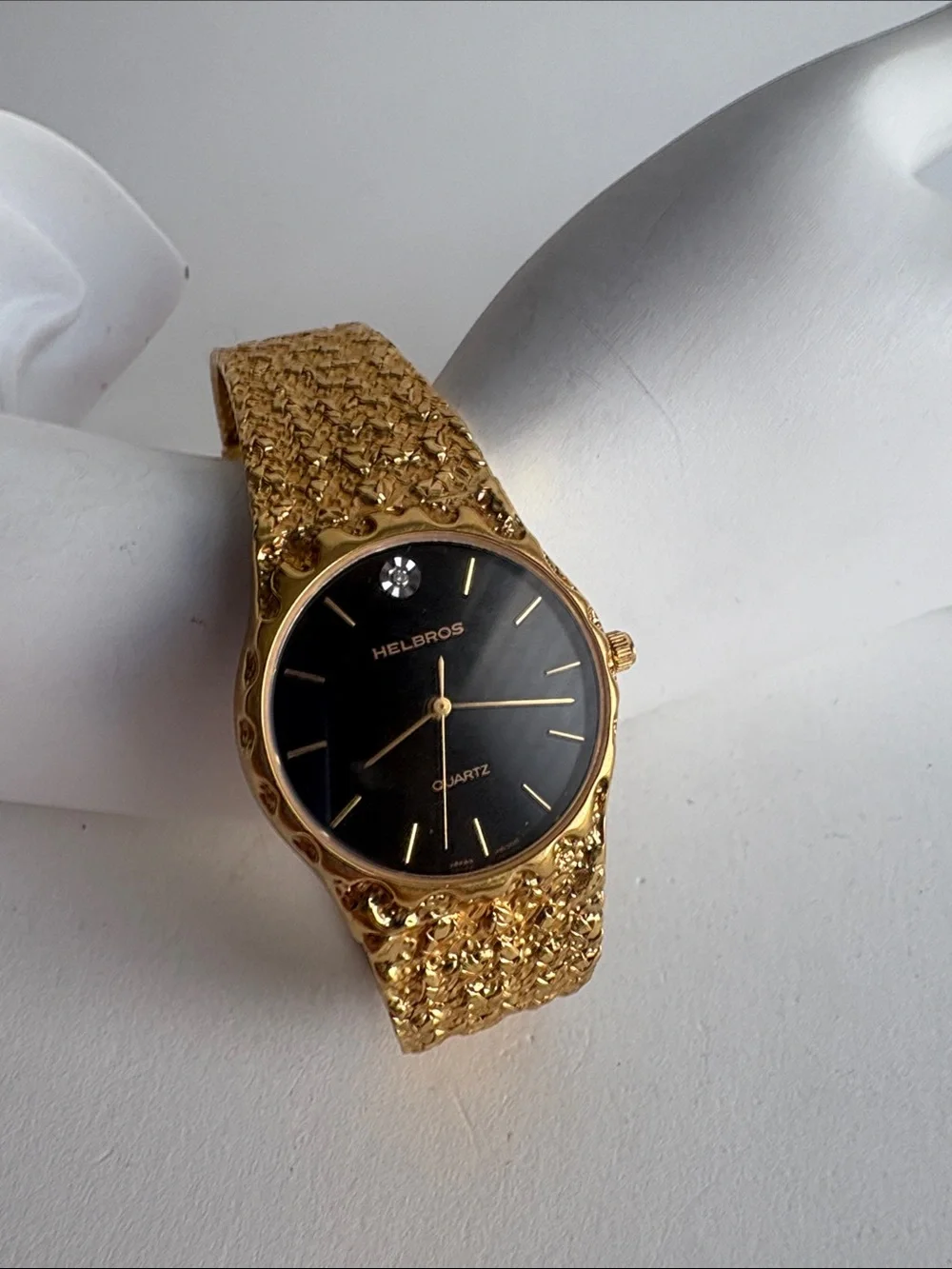 Vintage Helbros Regency Gold Nugget Bracelet Watch Black Dial